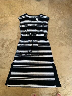 Talbots Black and White Striped Drawstring Maxi Dress